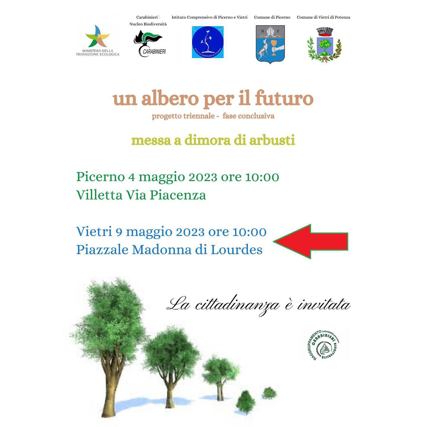 🌳 𝐔𝐍 𝐀𝐋𝐁𝐄𝐑𝐎 𝐏𝐄𝐑 𝐈𝐋 𝐅𝐔𝐓𝐔𝐑𝐎
📣 𝑫𝒐𝒎𝒂𝒏𝒊 9 𝒎𝒂𝒈𝒈𝒊𝒐 𝒂 𝑽𝒊𝒆𝒕𝒓𝒊 𝒅𝒊 𝑷𝒐𝒕𝒆𝒏𝒛𝒂 𝒎𝒆𝒔𝒔𝒂 𝒂 𝒅𝒊𝒎𝒐𝒓𝒂 𝒅𝒊 𝒂𝒓𝒃𝒖𝒔𝒕𝒊
A Vietri di Potenza martedì 9 maggio, alle ore 10 presso il piazzale Madonna di Lourdes, appuntamento per la messa a dimora di arbusti, nell'ambito del progetto "Un albero per il futuro", che entra nella sua fase conclusiva.
Protagonisti gli alunni, nell'iniziativa promossa dall'Istituto Comprensivo di Vietri di Potenza e Picerno, con la collaborazione del Nucleo Biodiversità dei Carabinieri, Comune di Picerno e Comune di Vietri di Potenza, con il patrocinio del Ministero della Transizione Ecologica.